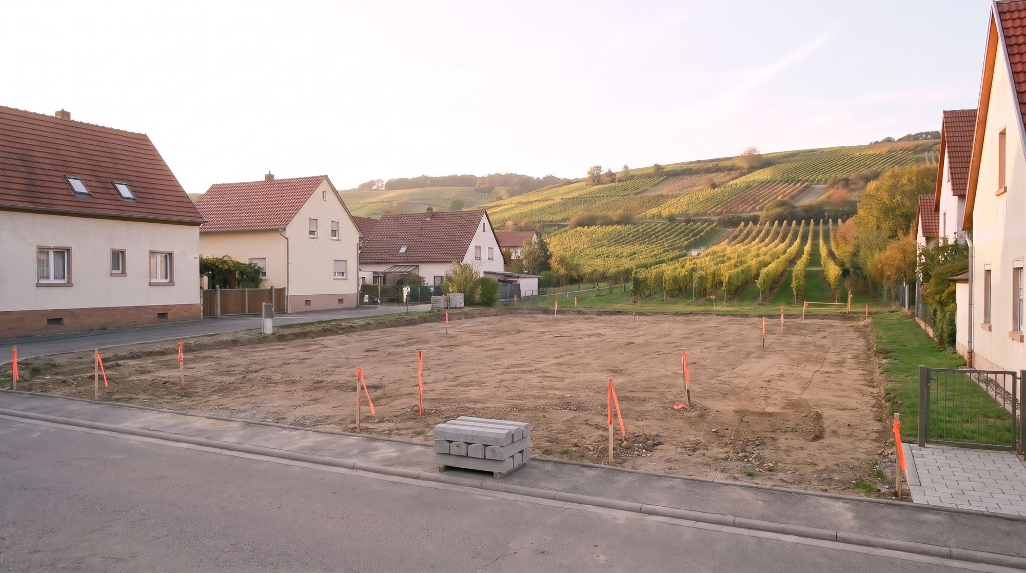 Ein leeres, planiertes Baugrundstück an einer Dorfstraße, mit orangefarbenen Absteckpflöcken und einem Stapel Bordsteine. Links ältere Ortshäuser, rechts ein Neubau, dahinter Weinberge.