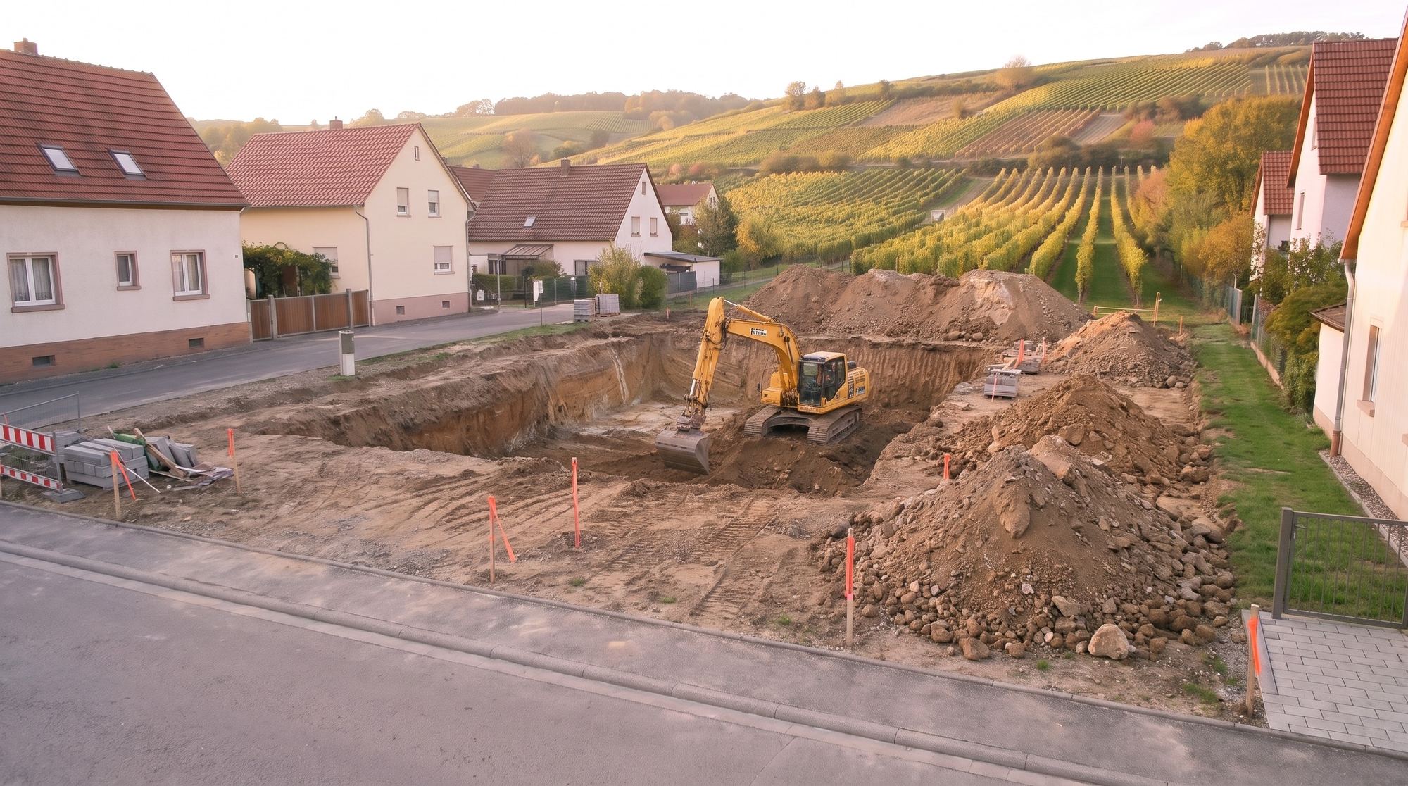 Dasselbe Grundstück mit einer tiefen Baugrube für die Tiefgarage, einem Kettenbagger darin und großen Erdhaufen an den Rändern.