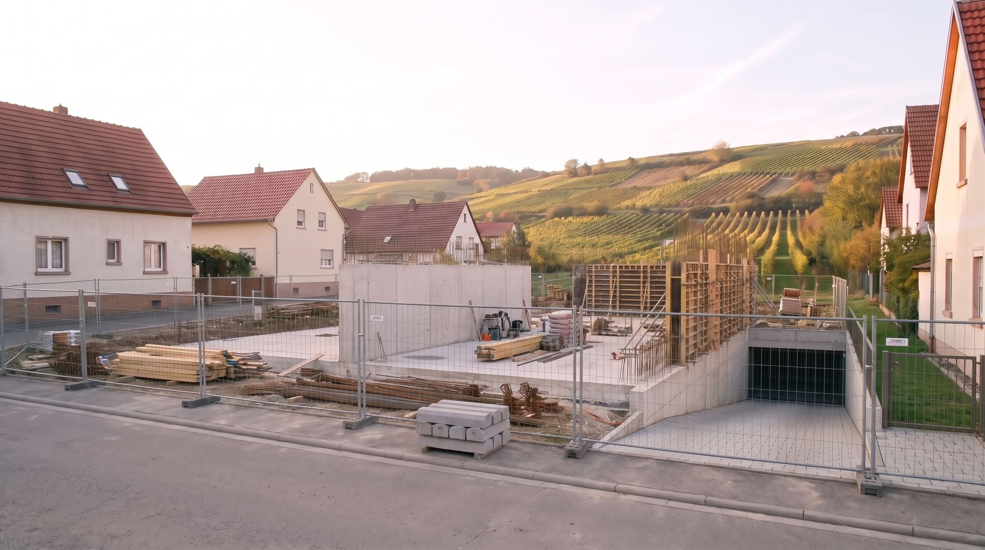 Die fertige Sohle der Tiefgarage mit den ersten Betonwänden, Schalungstafeln und aufragender Bewehrung, ringsum ein Bauzaun.