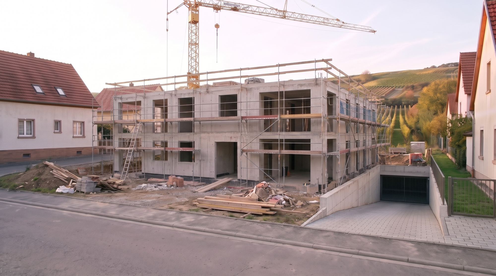 Der graue Betonrohbau der ersten beiden Geschosse mit leeren Fensteröffnungen, Gerüst an der Fassade und einem Turmdrehkran daneben, rechts die fertige Tiefgaragenrampe.
