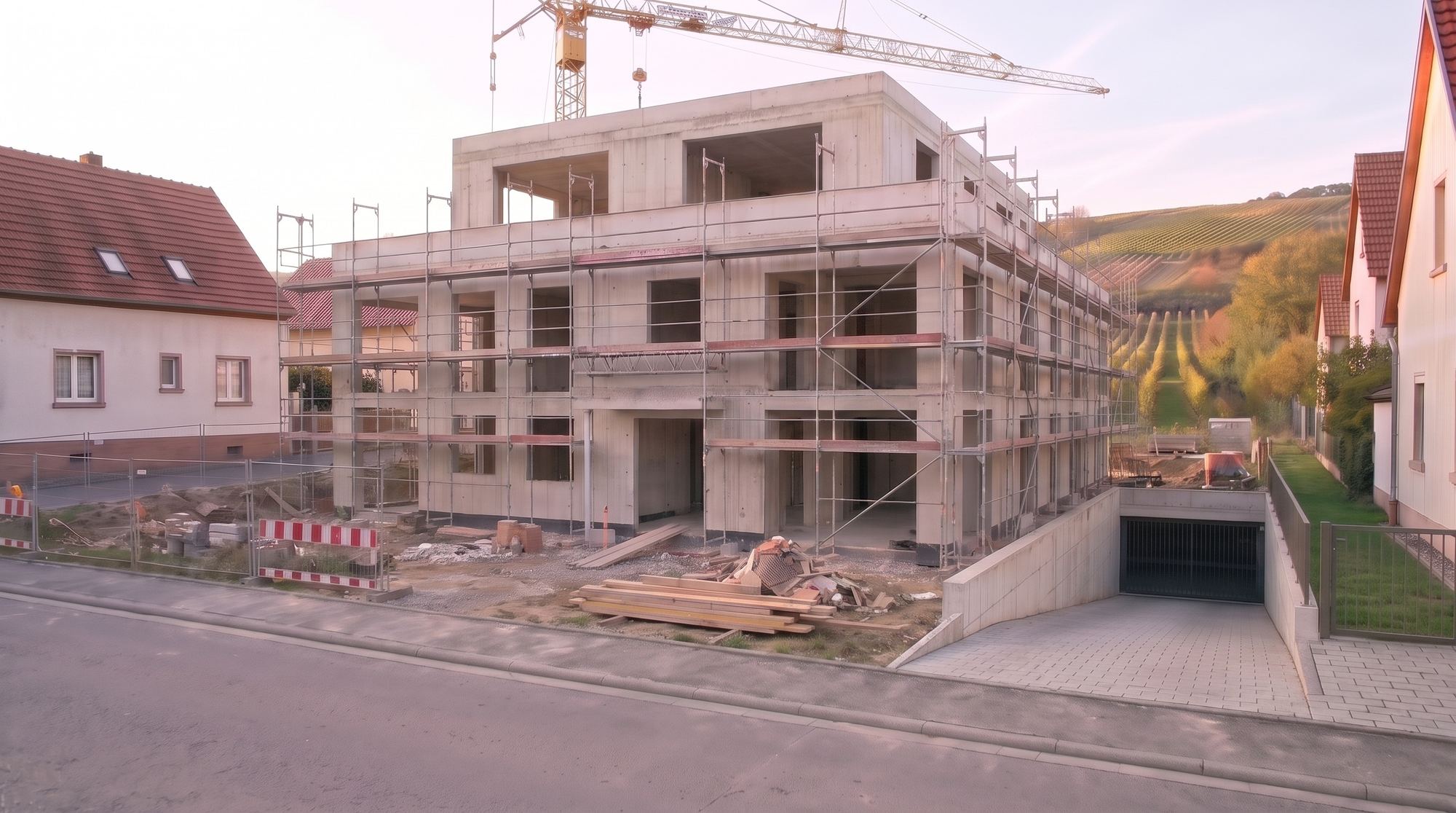 Der vollständige Rohbau über alle drei Geschosse einschließlich des zurückgesetzten Staffelgeschosses, rundum eingerüstet.