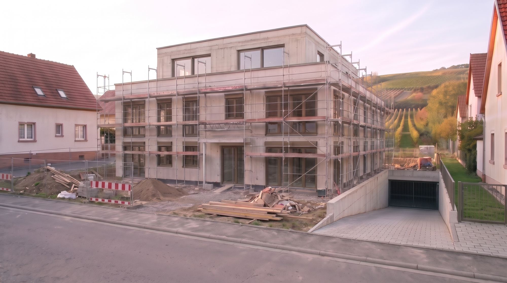 Derselbe Bau mit eingesetzten Fenstern in dunklen Rahmen und geschlossenem Dach, die Wände noch unverputzt, das Gerüst steht noch.