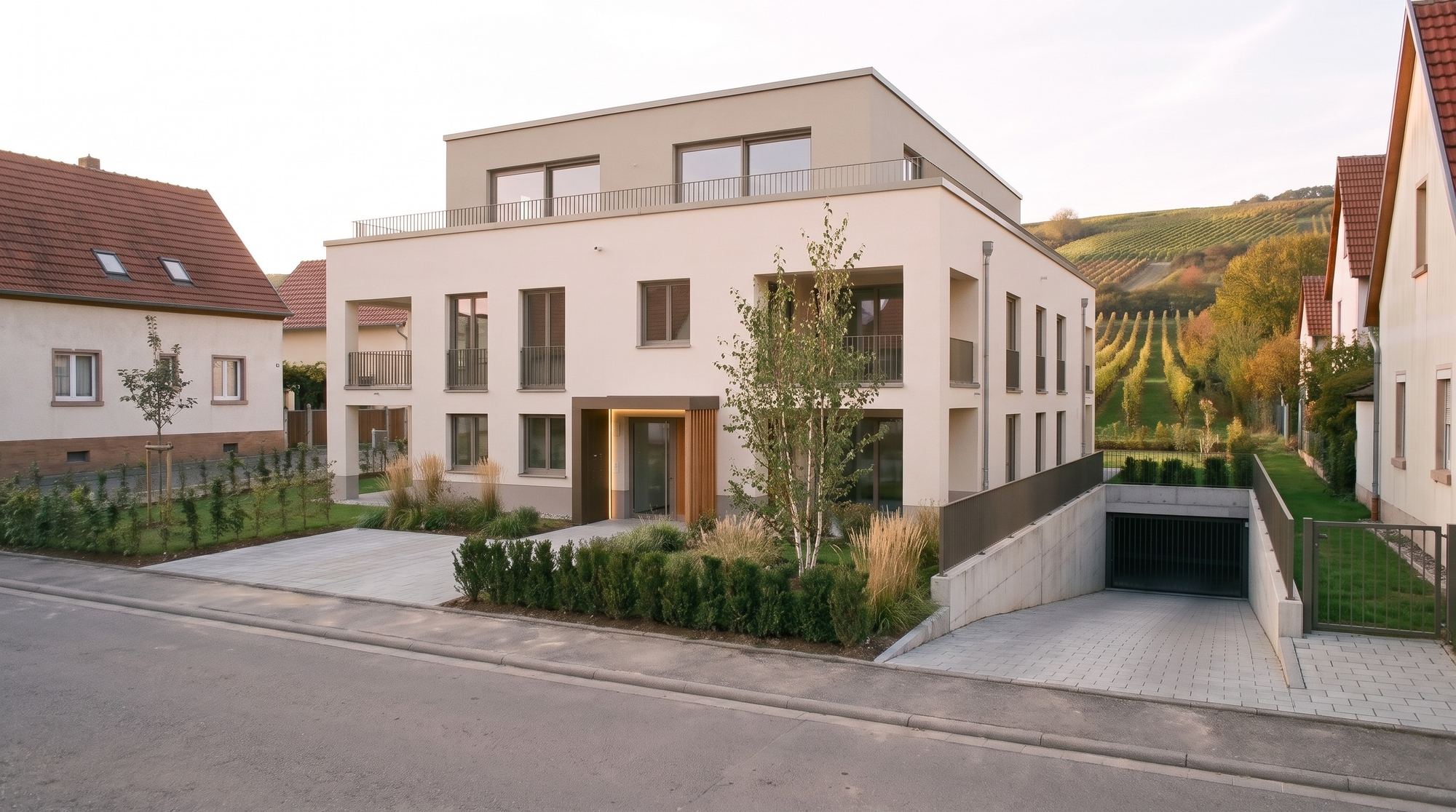 Das fertige dreigeschossige Mehrfamilienhaus, verputzt in warmem Weiß, mit tiefen Loggien, Tiefgaragenrampe rechts und angelegtem Vorgarten.