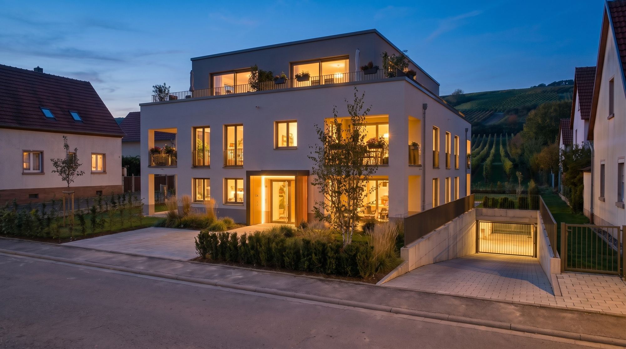 Dasselbe Haus in der Dämmerung: warm erleuchtete Fenster, bepflanzte Loggien und ein beleuchteter Eingang.